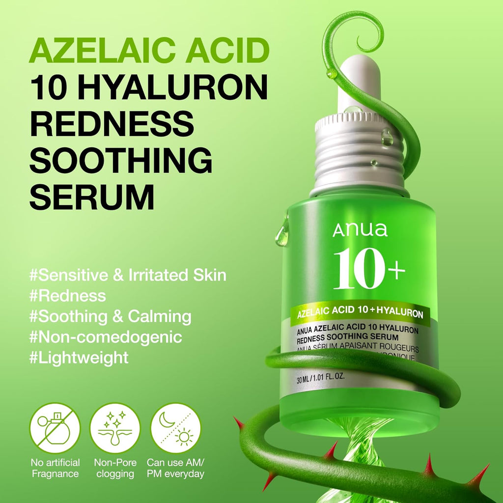 Anua Azelaic Acid 10% Serum 30ml - Hyaluronic Acid & Niacinamide Facial Serum for Sensitive Skin, Redness Relief, Dark Spot Care, Vegan Korean Skincare