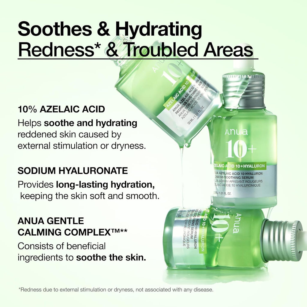 Anua Azelaic Acid 10% Serum 30ml - Hyaluronic Acid & Niacinamide Facial Serum for Sensitive Skin, Redness Relief, Dark Spot Care, Vegan Korean Skincare